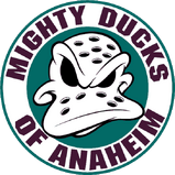 The Mighty Ducks alternate logo, featuring the team name and Wild Wing's mask. This logo was a shoulder patch on the primary jerseys from 1996-2006.