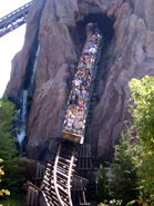 A close up of one of the trains on the main drop