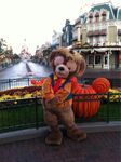 Duffy the Disney Bear posing for a photo at Disneyland Park Paris in his scarecrow outfit.