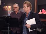 Andrew Stanton supervising Ed O'Neill's recording session.