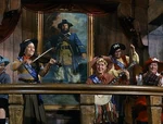 Daughters of the Buccaneers playing music beside Blackbeard's portrait