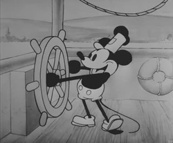 The iconic opening scene in which Mickey is piloting Steamboat Willie. This scene is occasionally featured in the Walt Disney Animation Studio production logo.