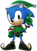 Sonic in his "Elf Classic Sonic" outfit, from Sonic Forces: Speed Battle.