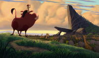 Timon and Pumbaa looking at Rafiki holding up Simba at the edge of Pride Rock