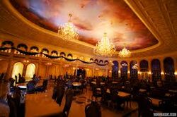 A completed picture of the ballroom dining room in Be Our Guest restaurant.