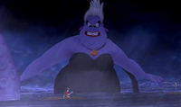 Ursula rises out of the ocean to fight Sora and Riku.