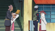 Hiruzen and Kakashi being invited to have tea by Sakura's parents.