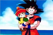 Goku hold his 4-years-old son, Gohan to his old friends