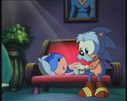 Sonic lays down unconscious, while his Uncle Chuck is proud of him for destroying Robotnik's factory.