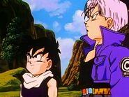 Gohan, Future Trunks and Bulma about old time machine and Cell