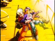 Future Trunks lands to safety on Gohan's body.