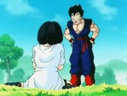 Videl tries to copy Gohan but she is tense, so Gohan tells her to be calm. Videl starts to cry at the thought of not being able to fly