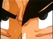 A close up of a young Future Gohan's eyes as he runs back to his father's house.