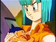 Future Bulma holding her infant son just before Goku die.