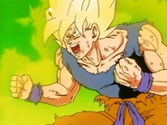 Goku as a Super Saiyan becomes aggressive for the first time after witnessing Frieza murder Kuririn right in front of his eyes.