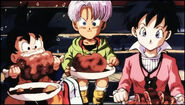 Videl eating dinner after beating up a dinosaur