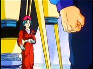 Future Bulma asking her son If he is going to the location of the androids to battle them.