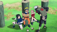 Sakura passes Kakashi's bell test by showing Teamwork with Naruto, and Sasuke.