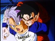 An unconscious Future Gohan is brought back to Bulma's house by Trunks.