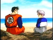 Future Gohan is asked by Trunks about his late father, since Bulma doesn't talk about him that much.