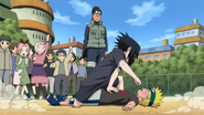 Iruka watches Naruto being defeated by Sasuke