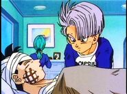 Future Bulma talking to her son while Gohan lies unconscious after she treats his injuries.