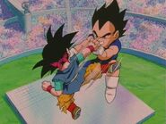 Goku Jr. and Vegeta Jr. fighting in the air.