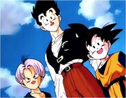 Gohan as a seventeen years old teenager with his younger brother Son Goten and Trunks