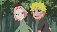 Naruto not looking at Sakura as they run from lightening.