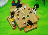 Videl with Gohan, Goten and their mother lunch from Gohan spitting rice about marry Videl