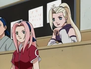 Sakura hears Ino remark that one of them will be on the same team as Sasuke.