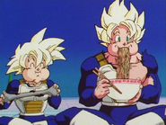 Goku and Gohan eating a meal.