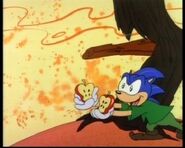 Sonic grabs the half apple before the tree starts to fall