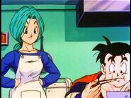 Future Gohan eating while Bulma remarks the similarities between him, and his late father.