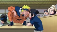 Naruto and Sasuke looking at each other before they are assigned to Team Kakashi.