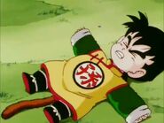 Gohan lands on the ground after hitting Raditz