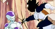 Frieza easily dodges the renewed Vegeta's attacks