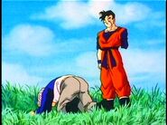 Future Trunks falls to the ground after he fails to turn into a Super Saiyan again.