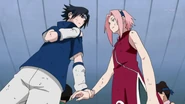 Sasuke asking Sakura not to say anything about his curse heaven seal mark to the older Jonin ninjas.