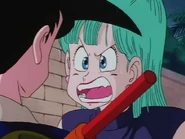 Bulma angrily tells Goku she is wearing lipstick and not blood