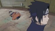 Sasuke ignores Naruto after he ties the latter up with a net.