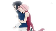 Sasuke being stopped by Sakura from killing Dosu.