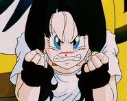 An embarrassed and angry Videl about to yell at Gohan