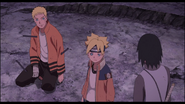 Naruto looking at Boruto as Sasuke tells him to use his small Rasengan again.