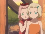 Sakura becomes shy and hides behind Ino.