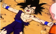 Gohan reverts to his normal state and collapses to the ground, breathing heavily and smiling as Goku in Other World expresses how proud he is of his son for finally defeating Super Perfect Cell and saving the world