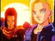 Future 17 and his sister staring at Trunks laying on the ground helplessly.