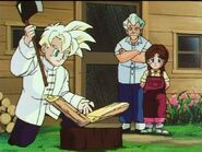 Gohan helps Mr. Lao out with cutting fire wood.