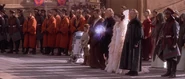 Palpatine with Queen Amidala, Governor Bibbles, Obi-Wan Kenobi, Anakin Skywalker, and R2-D2.
