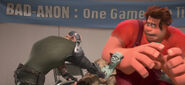Cyborg rips Zombie's heart out of his chest.